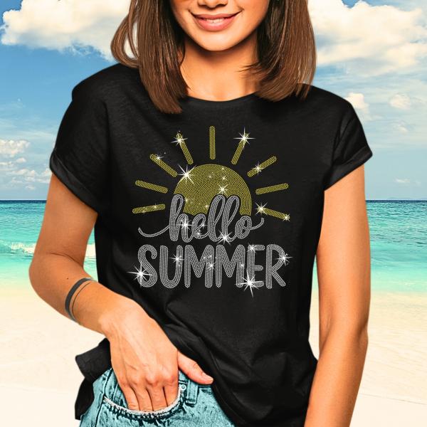 Hello Summer Rhinestone T-Shirt, Funny Vacation Shirt, Vintage Sunshine Tee-Shirt, Graduation Gift Shirt, Camping Shirt, Beach Trip Tee