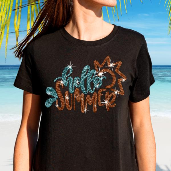 Hello Summer Rhinestone T-Shirt, Happy Summertime Shirt, Beach Shirt for Women, Vacation Shirt, Camping Tee-Shirt, Retro Sunshine Shirt