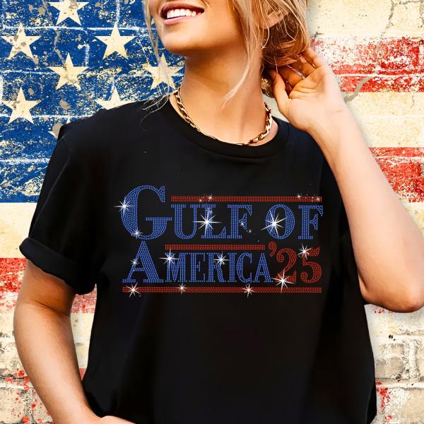 Gulf of America 25 Rhinestone T-Shirt, Democrat Shirt, Liberal Gift, Gulf Coast Shirt, American Pride Tee, Patriotic Shirt, Patriot Shirt