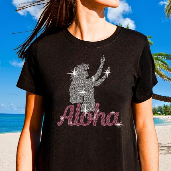 Aloha Girl Rhinestone T-Shirt, Girl's Travel Tee, Hawaii Vacation Shirt, Aesthetic Beach Shirt, Mothers Day or Birthday Gift For Women