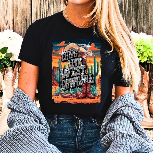 Long Live West Cowgirl Rhinestone and Graphic T-Shirt, Western Country Graphic Tee, Country Concert Shirt, Western Bling Tee