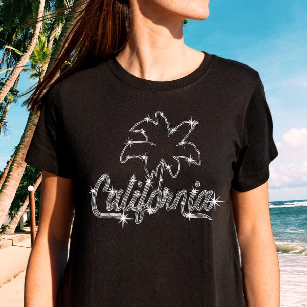 California Palm Rhinestone T-Shirt, Retro State Shirt, Beach Vibes Tee-Shirt Gift, Trip & Travel Vacation Souvenir, Ocean Lover Tee