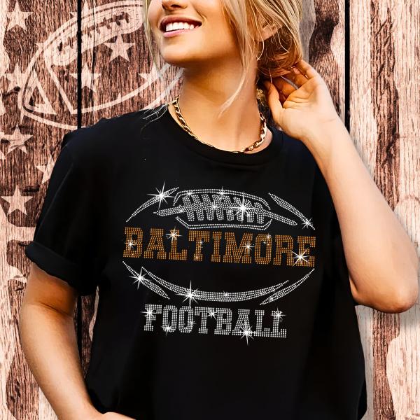 Baltimore Rhinestone T-Shirt, Dazzling Football Team Bling Tee, Eye-Catching Football Team Sparkle Tee-Shirt, Glitter Sports Fan Shirt