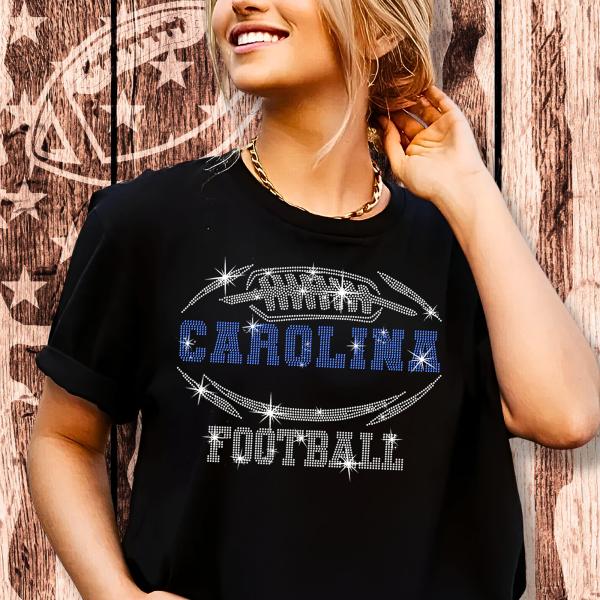 Carolina Rhinestone  T-Shirt, Shiny Football Team Dazzling Eye-Catching Shirt, Design Trendy Glitter Gift Shirt, Bling Game Fashion Fan Tee