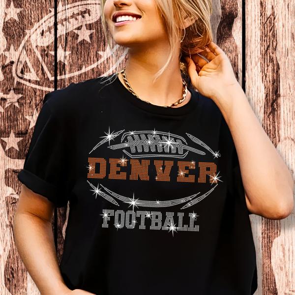 Denver Rhinestone T-Shirt, Sparkling Football Fan Design Tee, Glitter Trend Fashion Style Shirt, Eye-Catching Dazzling Sunday Shirt