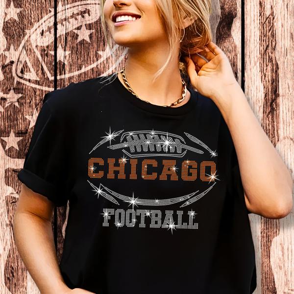 Chicago Rhinestone T-Shirt, Sparkling Eye-Catching Dazzling Football Tee-Shirt, Modern Sports Fashion Tee, Fit Style Bling Game Shirt