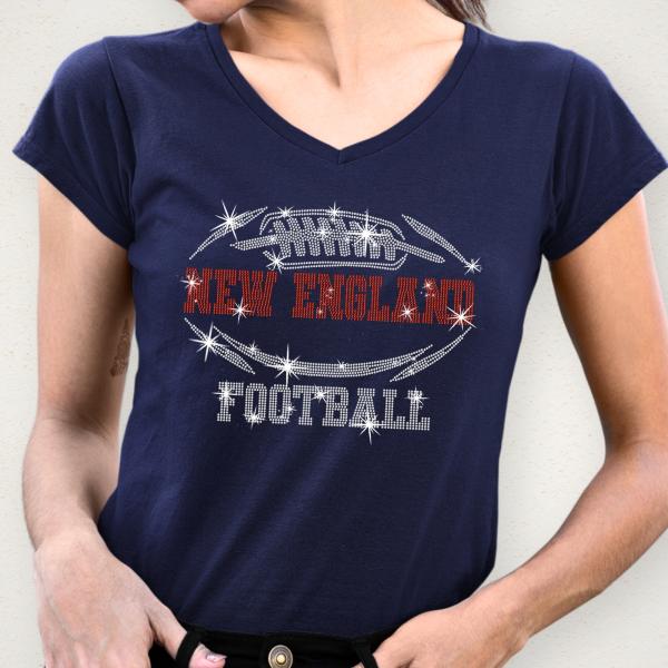 New England Rhinestone T-Shirt, Tailgate Party Glittering Football Fans Shirt, Game Day Bling Bright Tee, Team Fan Design Sparkling Shirt