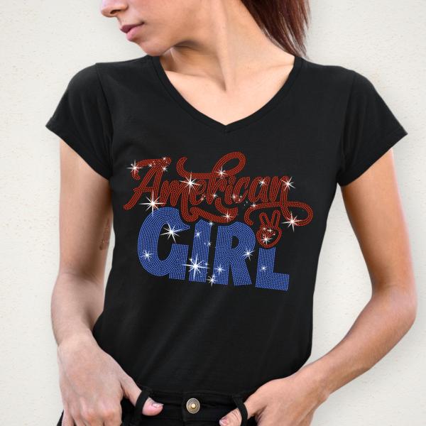 American Girl Rhinestone T-Shirt with Handwriting Design, Women's Favorite Memorial Day Tee, Independence Day Patriotic Gift for Her