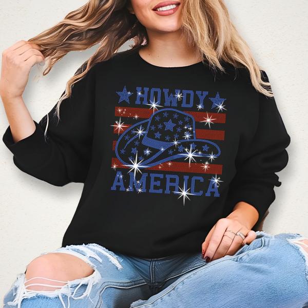 Howdy America With Hat Rhinestone T-Shirt, USA Cowgirl Hat Stars & Stripes Flag Shirt, Cute Independence Day tee for All American
