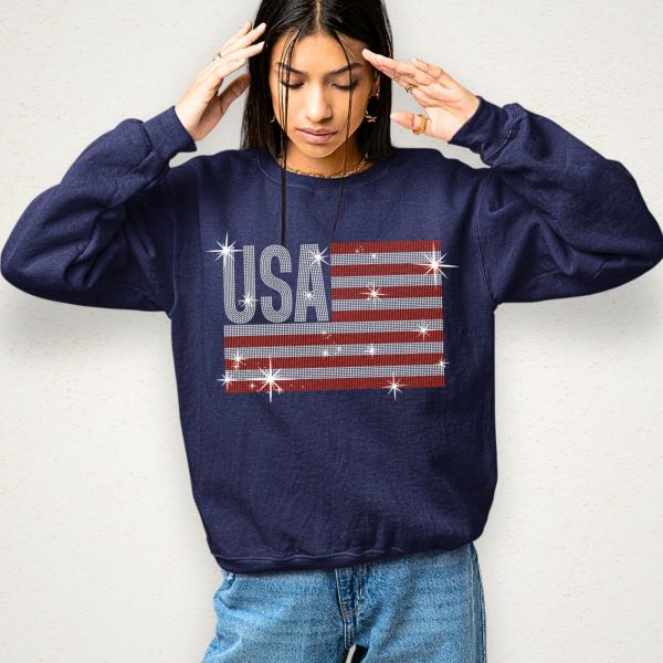 USA Flag Rhinestone T-shirt, American Veterans Apparel, Fourth of July Shirt, Independence Day Shirt, Ladies Patriotic Pride Shirt