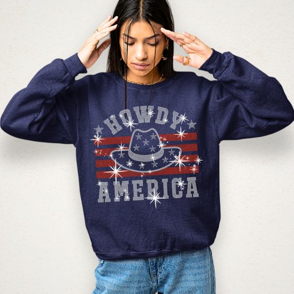 Howdy America with Hat Rhinestone T-shirt, Independence Day Apparel, Fourth of July Tee Shirt, American Pride Shirt, USA Patriotic Shirt
