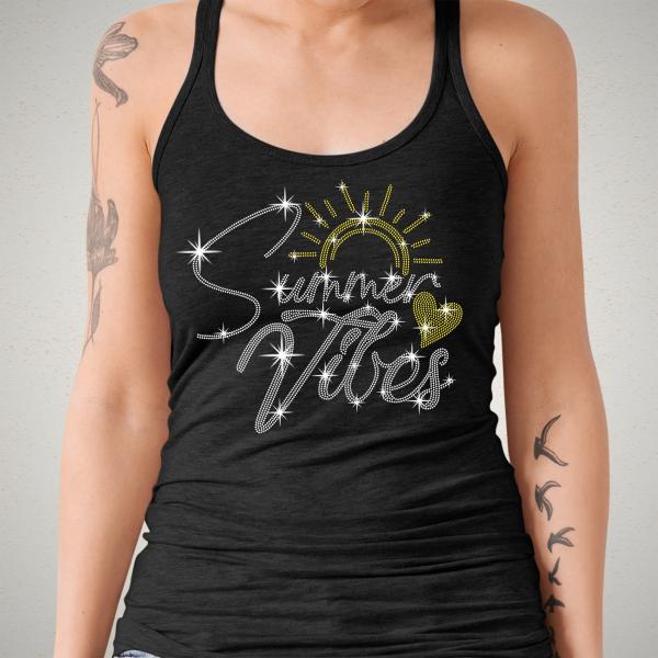 Summer Vibes Rhinestone T-Shirt, Sunshine and Heart Shirt, Family Camping Beach Trip Tee, Perfect Gift for Summer Holiday & Vacation