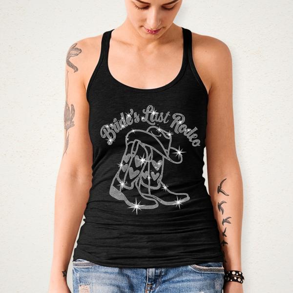 Bride's Last Rodeo with Boots Rhinestone T-Shirt, Western Bachelorette Merch, Cowgirl Bride Wedding gift, Western Bridal Party Shirt