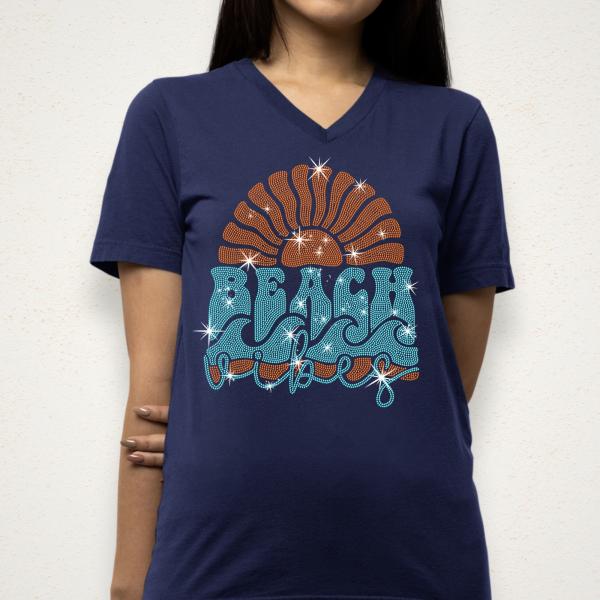 Beach Vibes Rhinestone T-Shirt, Sunshine Tee, Summer Travel Shirt, Vacation Clothing, Stylish Unisex Wear, Gift for Ocean Lovers & Surfer