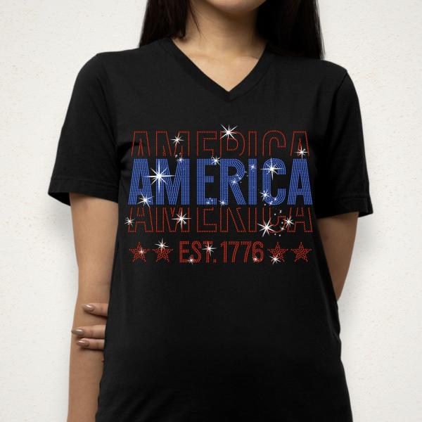 America Est 1776 Rhinestone T-shirt, Memorial Day Shirt, 4th Of July Shirt, Independence Day Shirt, Patriotic Gift Tee for Veterans