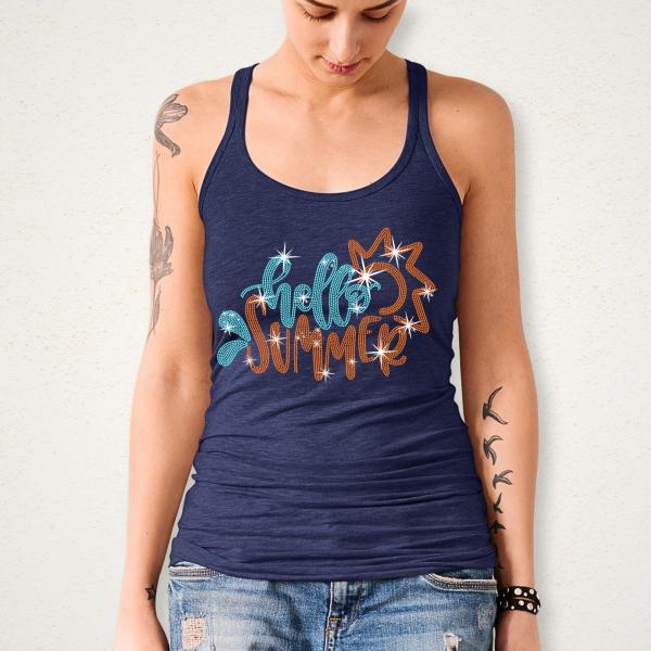 Hello Summer Rhinestone T-Shirt, Happy Summertime Shirt, Beach Shirt for Women, Vacation Shirt, Camping Tee-Shirt, Retro Sunshine Shirt