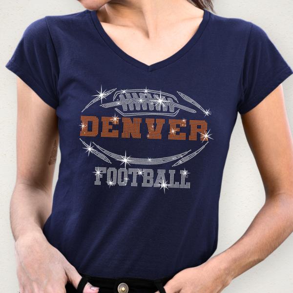 Denver Rhinestone T-Shirt, Sparkling Football Fan Design Tee, Glitter Trend Fashion Style Shirt, Eye-Catching Dazzling Sunday Shirt