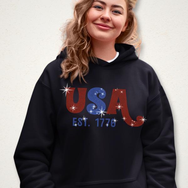 USA Est 1776 Rhinestone T-Shirt, Independence & Memorial Day Shirt, Americans' Patriotic Shirt, Fourth of July Shirt, Gift Tee for Veterans