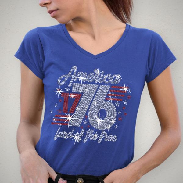America 1776 Land Of The Free Rhinestone T-Shirt, Independence & Memorial Day Shirt, Unique Design Patriotic Tee Gift for Americans