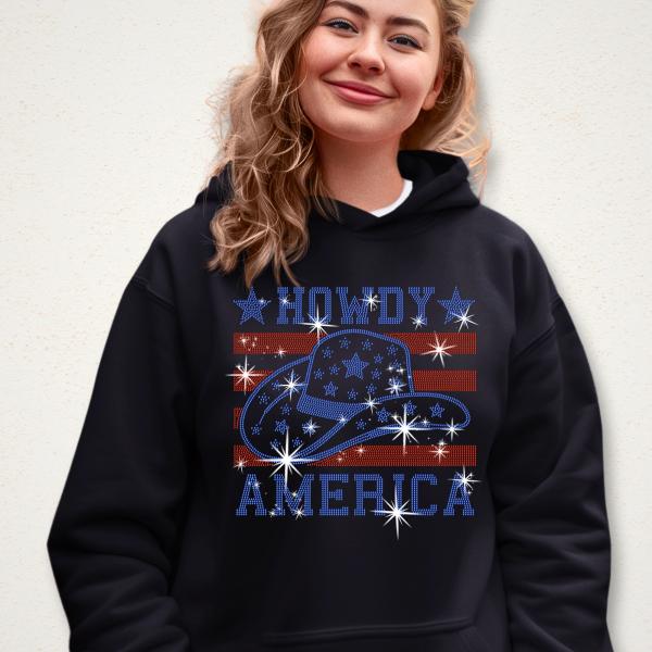 Howdy America With Hat Rhinestone T-Shirt, USA Cowgirl Hat Stars & Stripes Flag Shirt, Cute Independence Day tee for All American