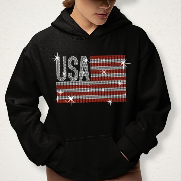 USA Flag Rhinestone T-shirt, American Veterans Apparel, Fourth of July Shirt, Independence Day Shirt, Ladies Patriotic Pride Shirt