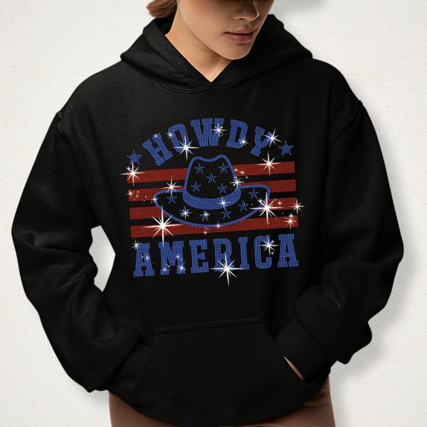Howdy America with Hat Rhinestone T-shirt, Independence Day Apparel, Fourth of July Tee Shirt, American Pride Shirt, USA Patriotic Shirt