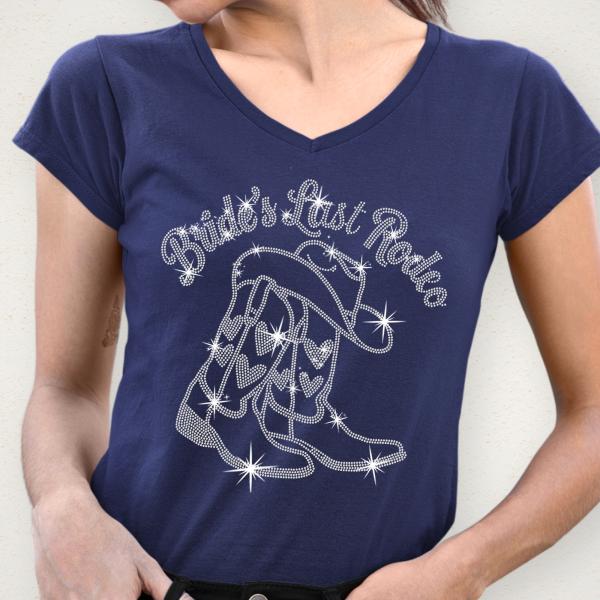 Bride's Last Rodeo with Boots Rhinestone T-Shirt, Western Bachelorette Merch, Cowgirl Bride Wedding gift, Western Bridal Party Shirt