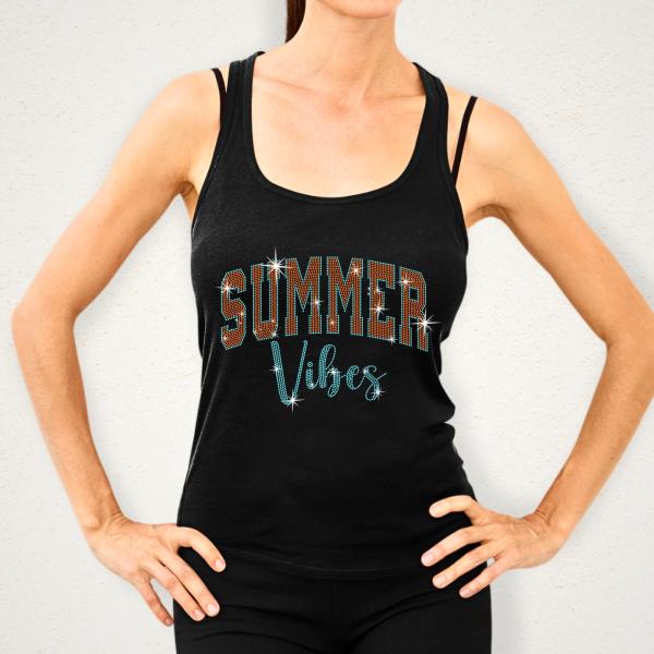 Summer Vibes Rhinestone T-Shirt, Vacation Trip Traveling Camping Tee, Retro Beach Party Lover Shirt, Tropical Clothing Gift For Adventurer