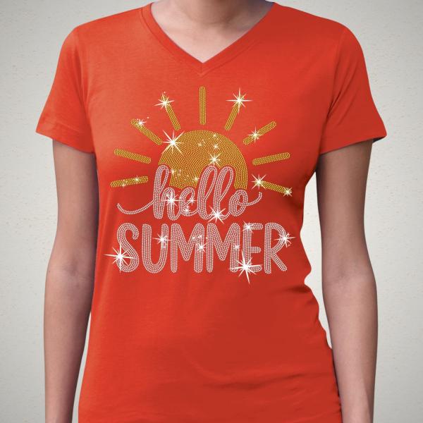Hello Summer Rhinestone T-Shirt, Funny Vacation Shirt, Vintage Sunshine Tee-Shirt, Graduation Gift Shirt, Camping Shirt, Beach Trip Tee