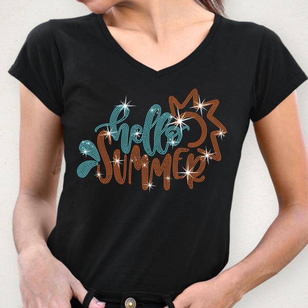 Hello Summer Rhinestone T-Shirt, Happy Summertime Shirt, Beach Shirt for Women, Vacation Shirt, Camping Tee-Shirt, Retro Sunshine Shirt