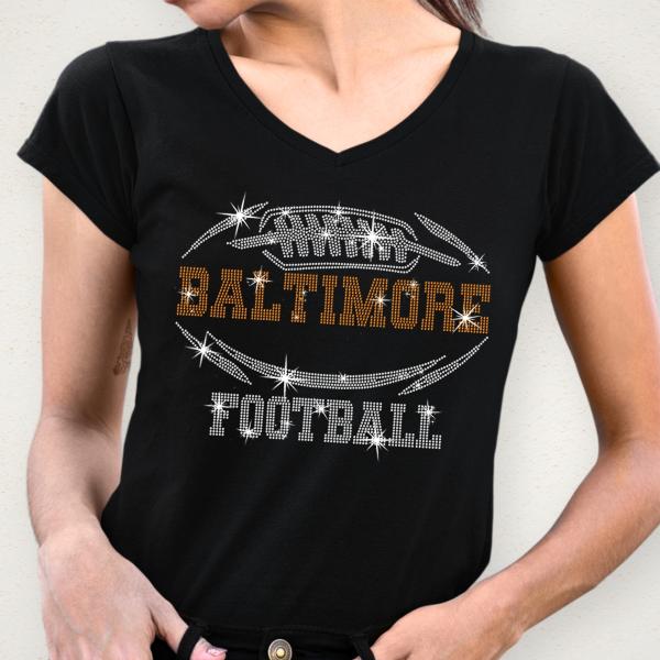 Baltimore Rhinestone T-Shirt, Dazzling Football Team Bling Tee, Eye-Catching Football Team Sparkle Tee-Shirt, Glitter Sports Fan Shirt