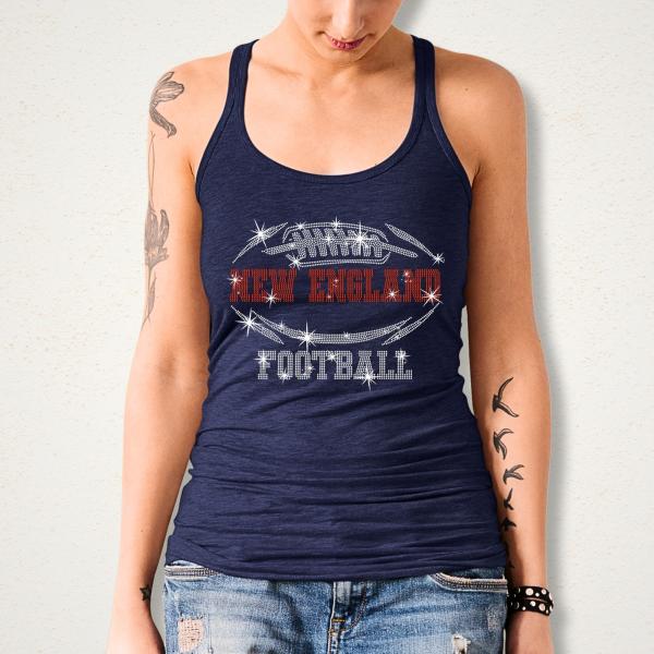 New England Rhinestone T-Shirt, Tailgate Party Glittering Football Fans Shirt, Game Day Bling Bright Tee, Team Fan Design Sparkling Shirt