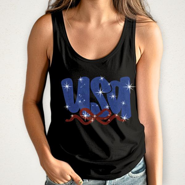 USA With Ribbon Rhinestone T-Shirt, Memorial Day Shirt, Mommy Patriotic Shirt, USA Pride Tee, Unique Design Tee-Shirt for Fourth of July