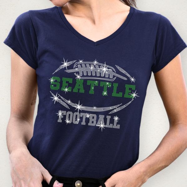 Seattle Rhinestone T-Shirt, Football Game Day Trend Sparkling Tee, Shiny Glitter Design Fan Shirt, Sunday Sportwear Casual Bling Shirt