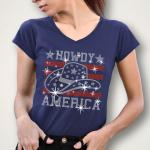 Howdy America With Hat Rhinestone T-Shirt, USA Cowgirl Hat Stars & Stripes Flag Shirt, Cute Independence Day tee for All American