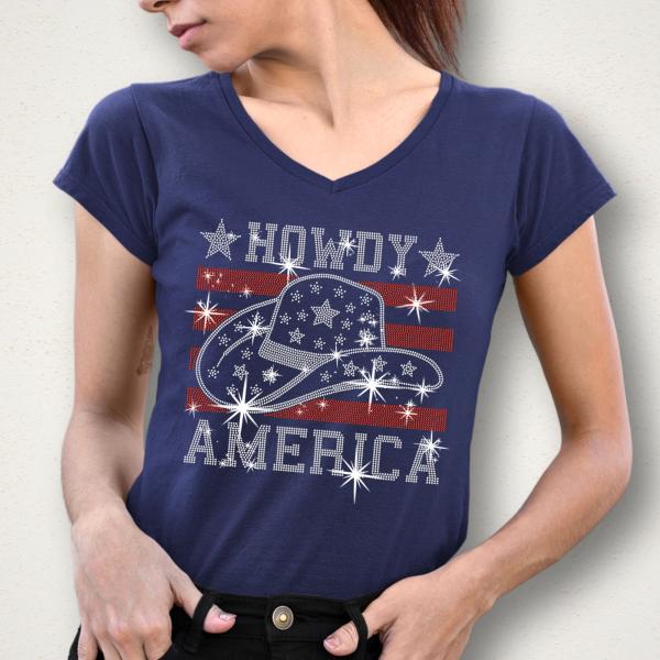 Howdy America With Hat Rhinestone T-Shirt, USA Cowgirl Hat Stars & Stripes Flag Shirt, Cute Independence Day tee for All American