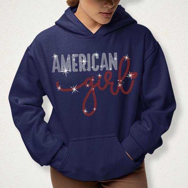 American Girl Rhinestone T-shirt with Cursive Font Design, Women's Favorite Tee, American Pride Clothing, Memorial Day or Birthday Gift