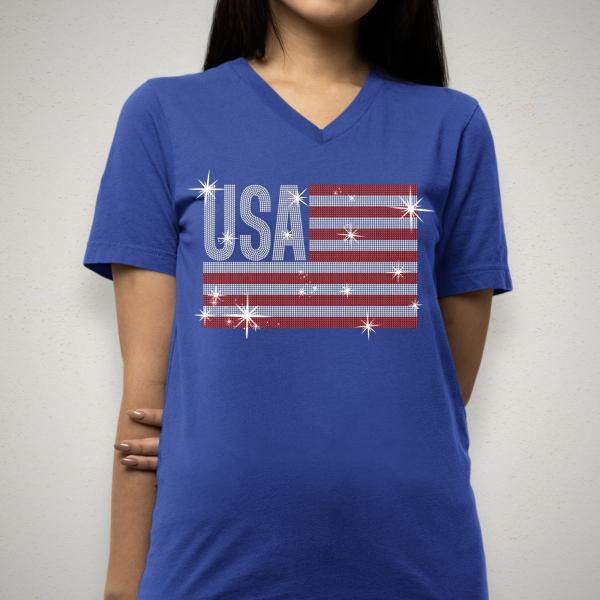 USA Flag Rhinestone T-shirt, American Veterans Apparel, Fourth of July Shirt, Independence Day Shirt, Ladies Patriotic Pride Shirt