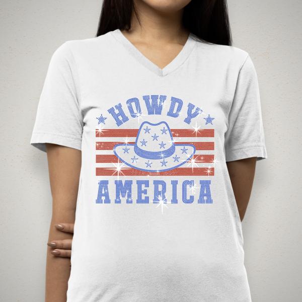 Howdy America with Hat Rhinestone T-shirt, Independence Day Apparel, Fourth of July Tee Shirt, American Pride Shirt, USA Patriotic Shirt