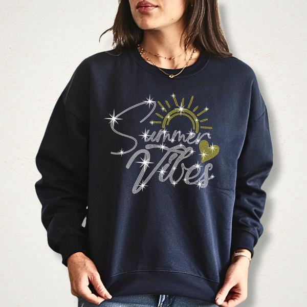 Summer Vibes Rhinestone T-Shirt, Sunshine and Heart Shirt, Family Camping Beach Trip Tee, Perfect Gift for Summer Holiday & Vacation