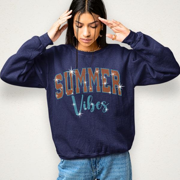 Summer Vibes Rhinestone T-Shirt, Vacation Trip Traveling Camping Tee, Retro Beach Party Lover Shirt, Tropical Clothing Gift For Adventurer