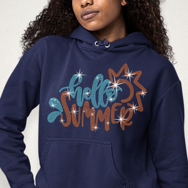 Hello Summer Rhinestone T-Shirt, Happy Summertime Shirt, Beach Shirt for Women, Vacation Shirt, Camping Tee-Shirt, Retro Sunshine Shirt