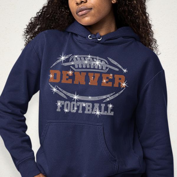 Denver Rhinestone T-Shirt, Sparkling Football Fan Design Tee, Glitter Trend Fashion Style Shirt, Eye-Catching Dazzling Sunday Shirt