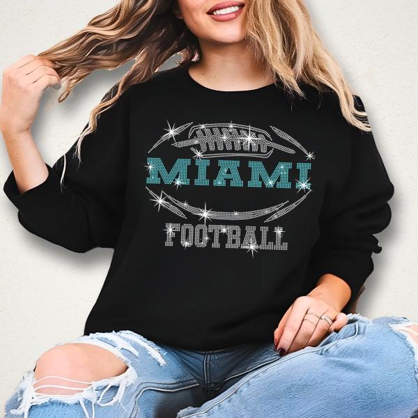Miami Rhinestone T-Shirt, Dazzling Football Tee-Shirt, Glittering Style Fan Shirt, Sparkling Design Tee, Game Day Sports Teams Shirt