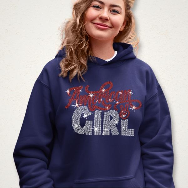 American Girl Rhinestone T-Shirt with Handwriting Design, Women's Favorite Memorial Day Tee, Independence Day Patriotic Gift for Her