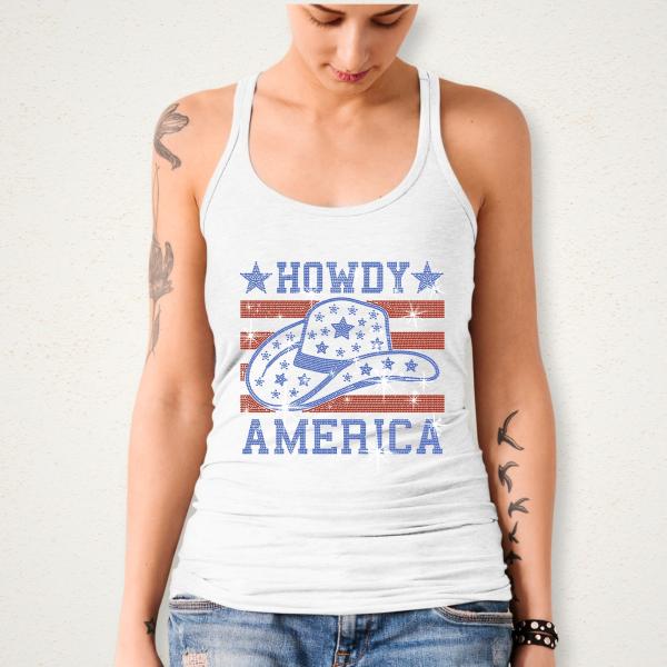 Howdy America With Hat Rhinestone T-Shirt, USA Cowgirl Hat Stars & Stripes Flag Shirt, Cute Independence Day tee for All American