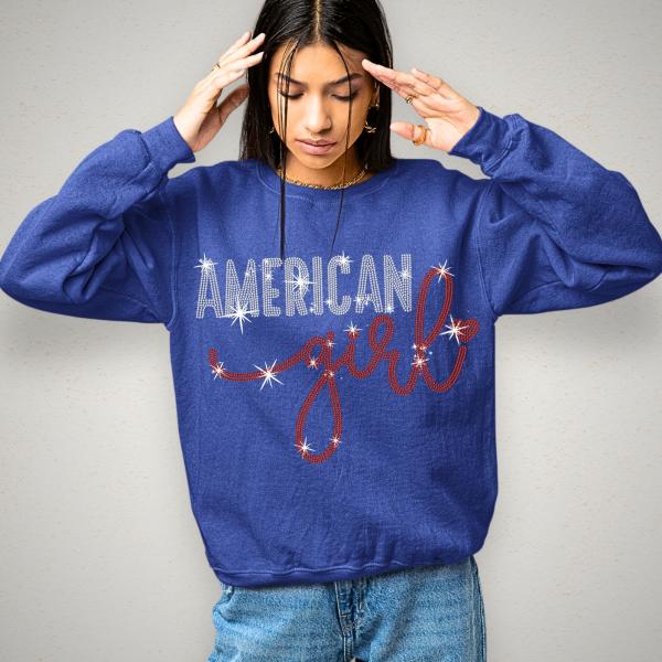 American Girl Rhinestone T-shirt with Cursive Font Design, Women's Favorite Tee, American Pride Clothing, Memorial Day or Birthday Gift