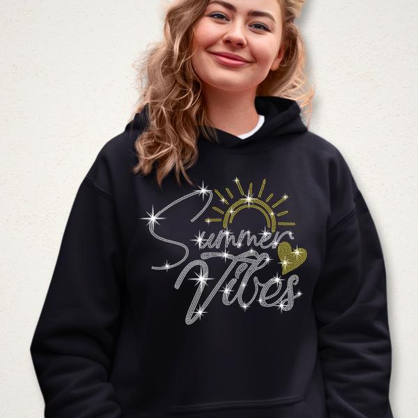 Summer Vibes Rhinestone T-Shirt, Sunshine and Heart Shirt, Family Camping Beach Trip Tee, Perfect Gift for Summer Holiday & Vacation