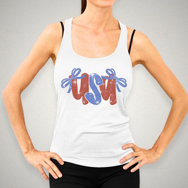 Usa Ribbon Rhinestone T-Shirt, Independence & Memorial Day Shirt, Fourth of July Outfit, USA Patriotic Girl Tee-Shirt, American Mommy Tee