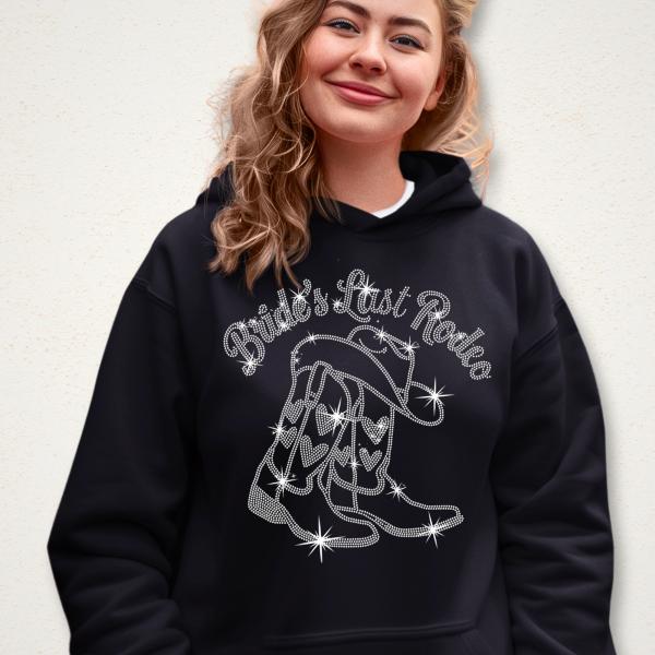 Bride's Last Rodeo with Boots Rhinestone T-Shirt, Western Bachelorette Merch, Cowgirl Bride Wedding gift, Western Bridal Party Shirt